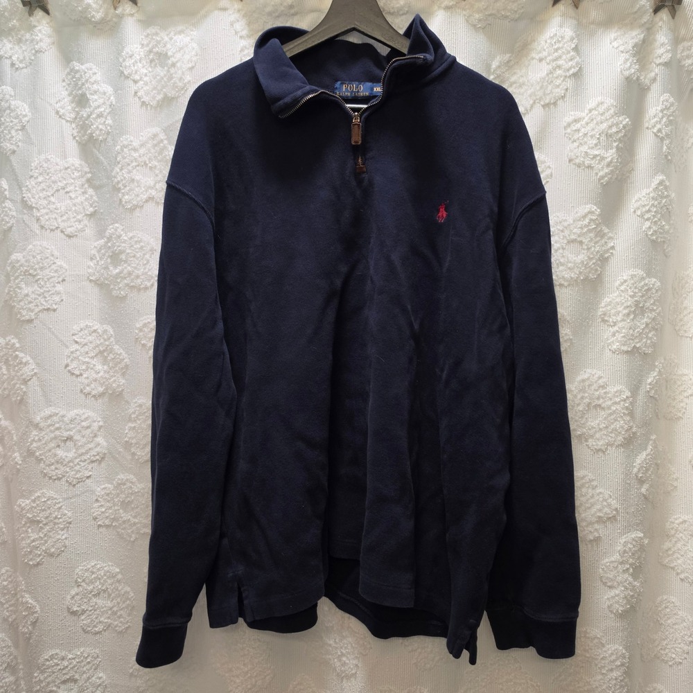 Polo Ralph Lauren Mens XXL Navy Blue‎ 100% Cotton Quarter Zip Pullover Sweater